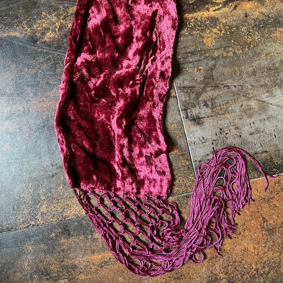Burgundy Wine Crushed Velvet Scarf with Macrame Fringe, 84" x 5.5" - Picture 3 of 7